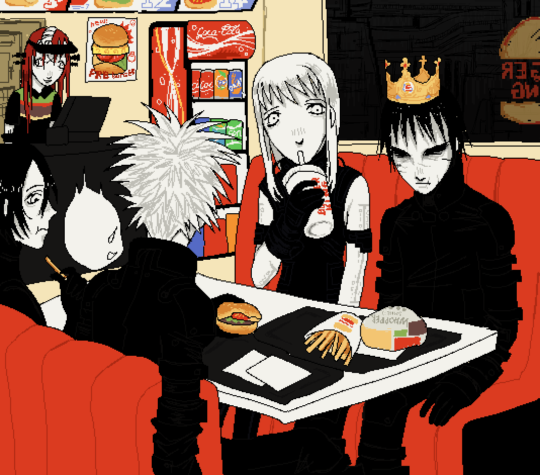 What if : Blame! but there's a Burger King in the Megastructure and silicon life are part time workers in it. Killy, Cibo, Sanakan, Dhomo and Ico sometimes gather there to eat lol